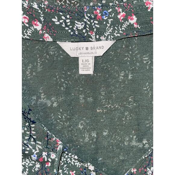 Womens Lucky Brand Olive‎ Green Floral Sheer Cap Sleeve Blouse Size L - Picture 3 of 8